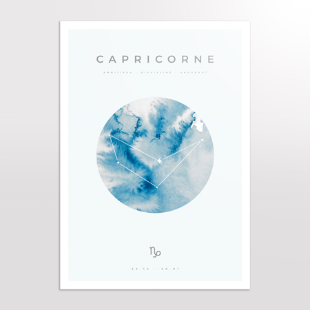 Ambition, persévérance et force intérieure.
L’affiche signe astro Capricorne met en lumière l’élégance et la stabilité de ce signe de terre à travers un design sobre et affirmé affiche signe astro capricorne