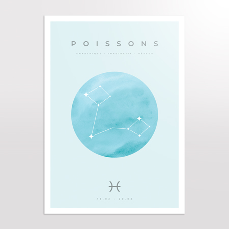 Douceur, intuition et imagination sans limite.
Le poster Poisson signe astrologique évoque un univers sensible et apaisant, idéal pour une décoration pleine de poésie. Poster poisson signe astrologique