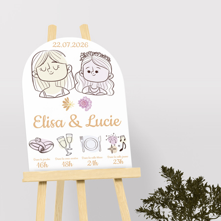 Panneau de bienvenue mariage en forme d’arche, personnalisé avec les prénoms des mariés pour un accueil élégant et chaleureux. Panneau de bienvenue mariage arche
